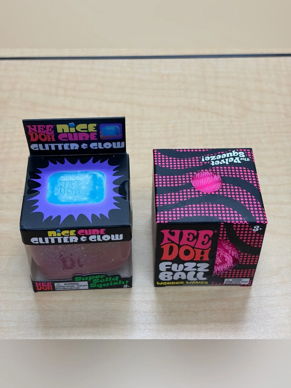 Lot of 2: Pink Needoh Fuzz Ball Wonder Wave/Nice Cube Glitter & Glow Fidget New